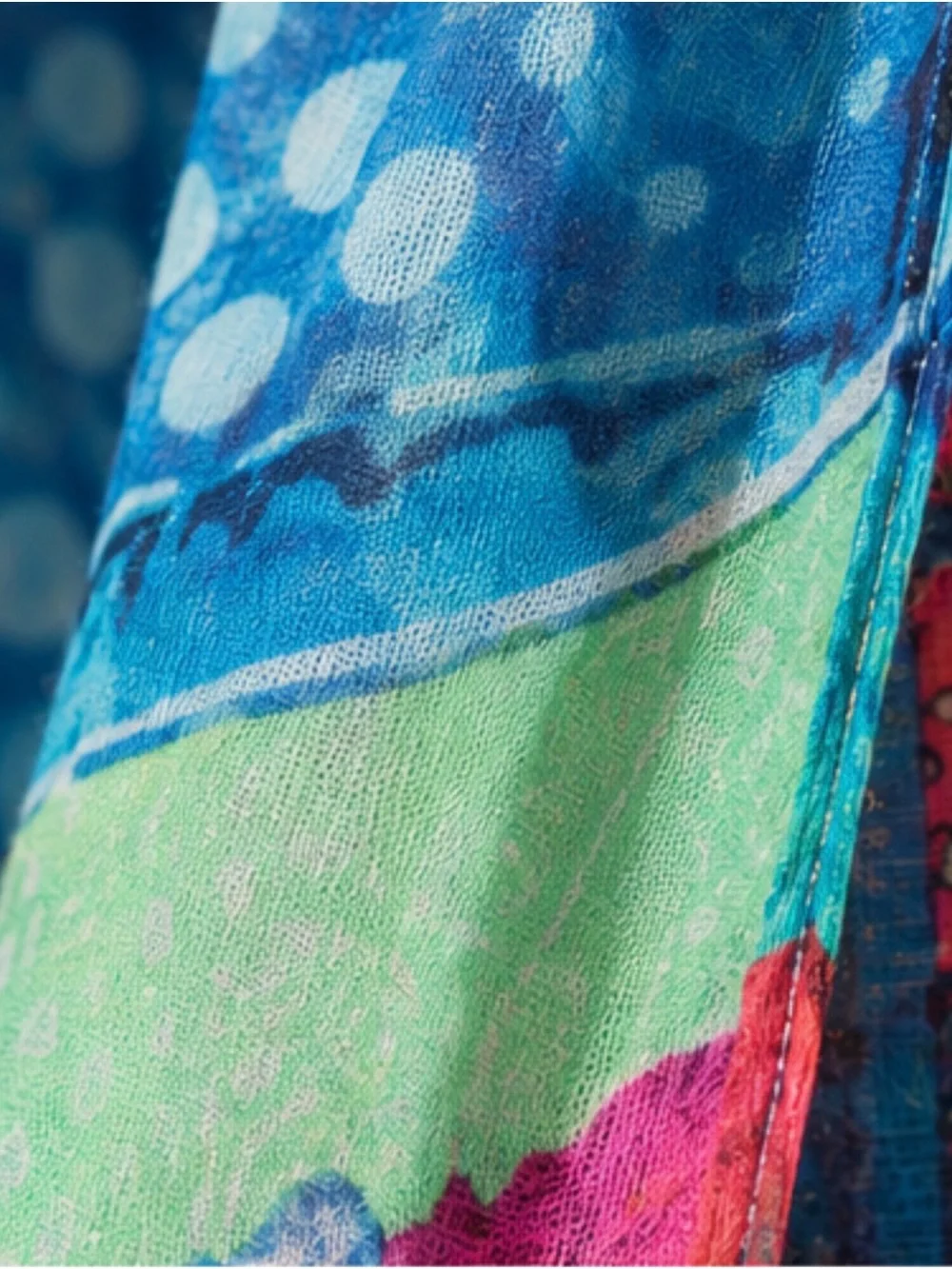 Desigual Blue Patchwork Tassel Scarf | Lightweight Colorful Wrap Shawl